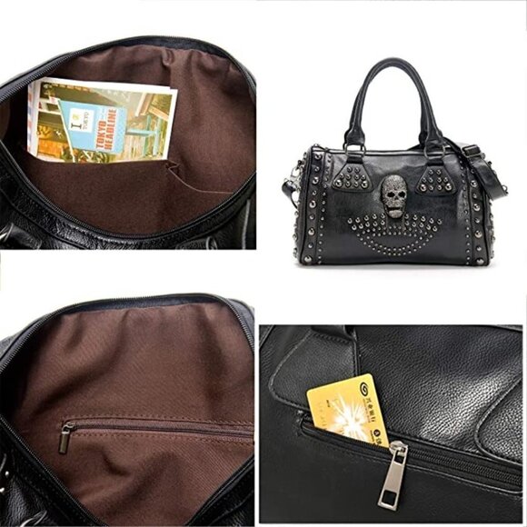 𝅺BLACK Leather Skull Handbag Large Gothic Shoulder Bag Biker Rocker Studded NWT - Picture 4 of 6